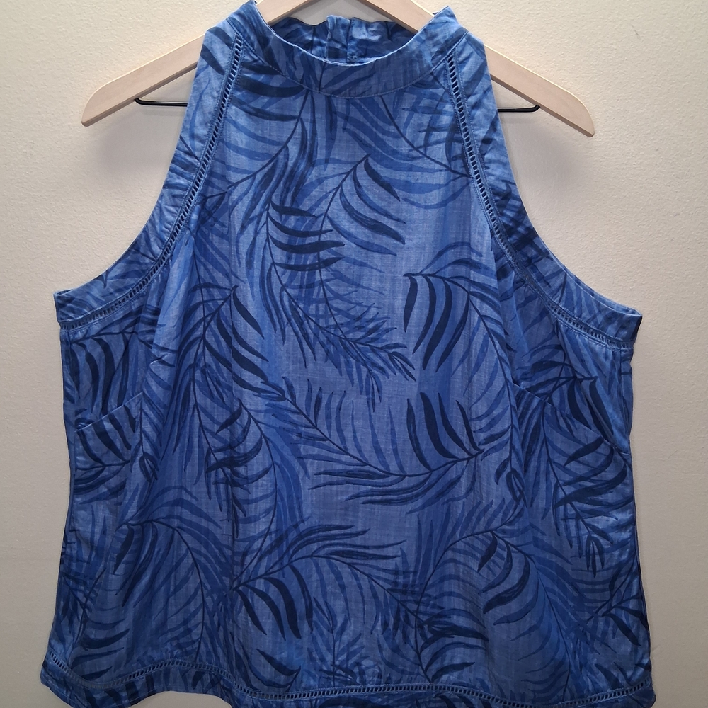 ​Cato Blouse 100% Tencel Lyocell Size 18/20W Plus Blue Tropical Palm Print Halte - Picture 3 of 12